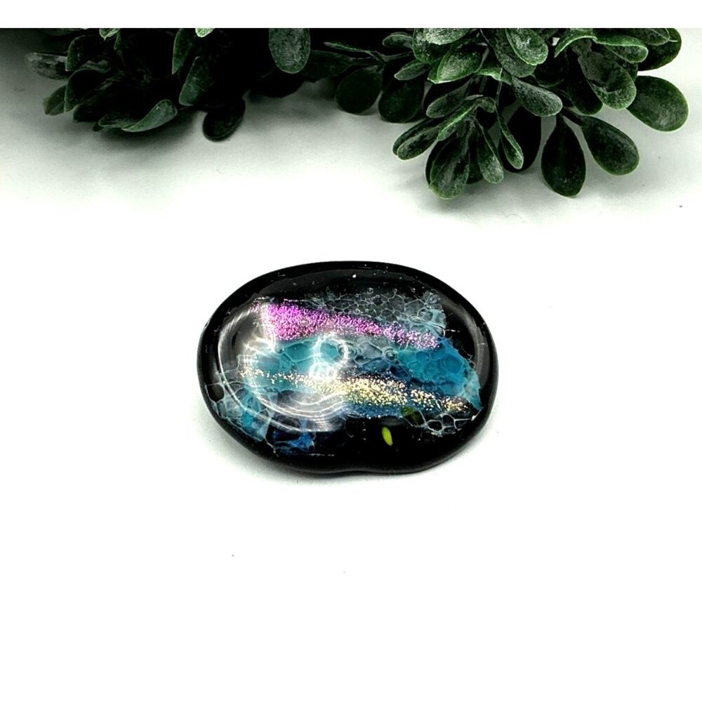Handcrafted Dichroic Glass Pin Brooch With Multicolor Iridescent Design And Blac